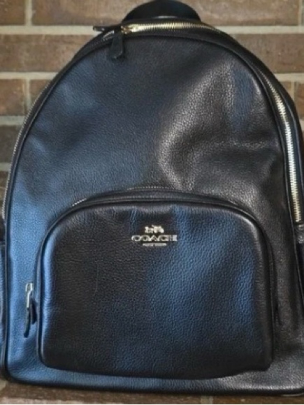 Coach Large Court Black Pebbled Leather Backpack with Front Zip Pocket (15 inch)